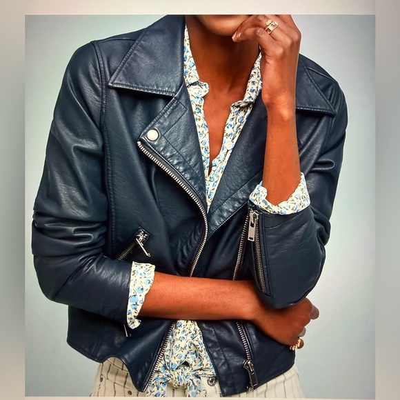 Anthropologie Vintage Vegan Leather Jacket — Navy Blue Size Small - Picture 2 of 7